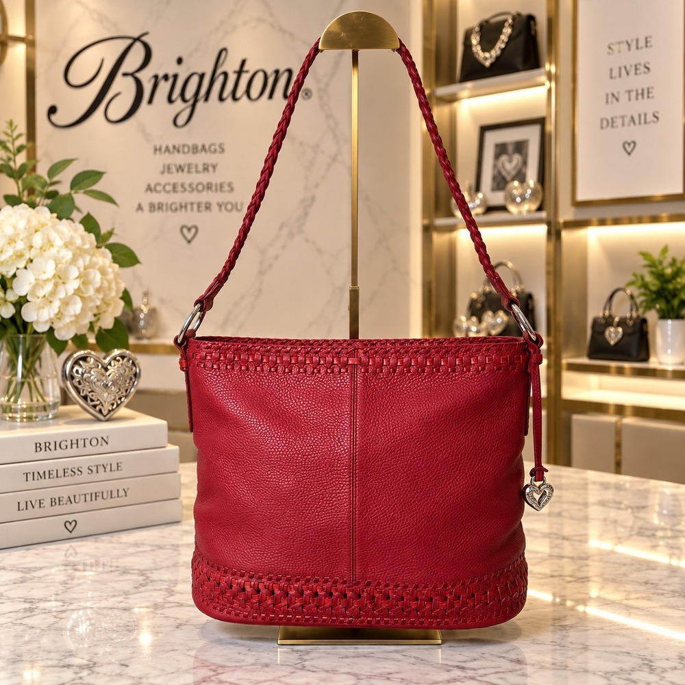 Brighton Red Pebbled Leather Woven Shoulder Bag Hobo Tassel Heart Charm